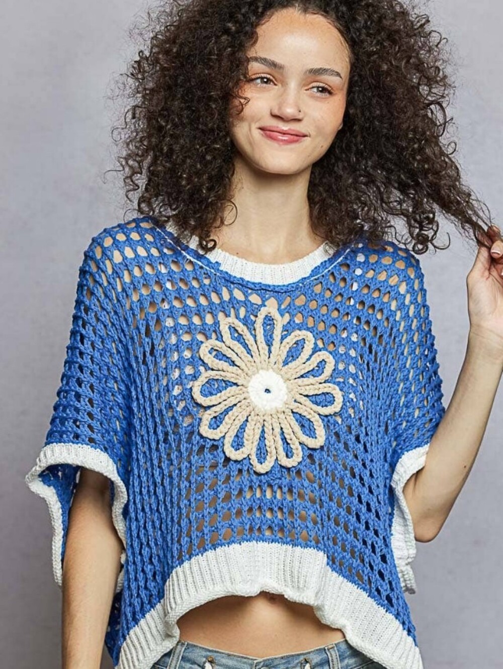 POL Blue Crochet Net Sweater with Cream Daisy Detail